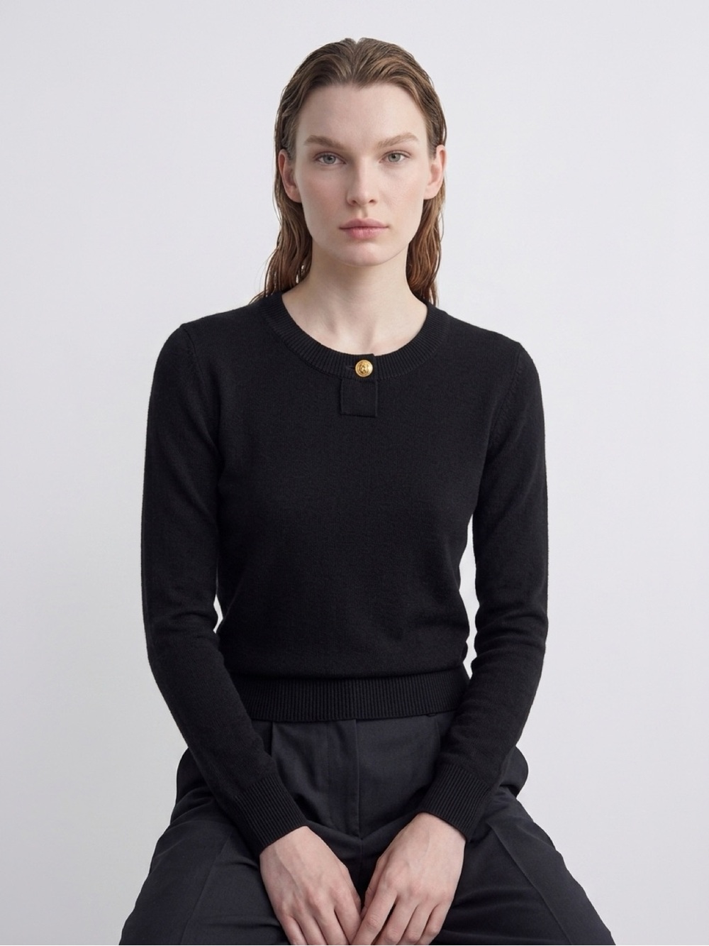 CHANEL Black Crewneck Sweater with Gold Button Accent